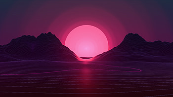 Sun, mountains, road, retrowave, art HD wallpaper