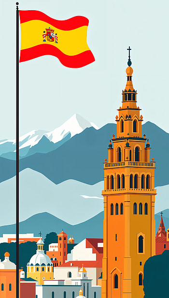 Vibrant Spain: A Striking , flag, tower, mountain HD phone wallpaper