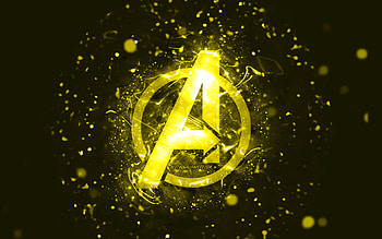 Avengers yellow logo, , yellow neon lights, creative, yellow abstract background, Avengers logo, superheroes, Avengers HD wallpaper