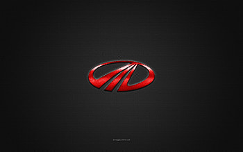 Mahindra logo, red shiny logo, Mahindra metal emblem, gray carbon fiber texture, Mahindra, brands, creative art, Mahindra emblem HD wallpaper