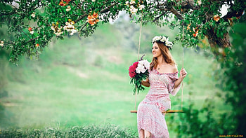 beauty in swing, swing, field, beauty, flower HD wallpaper