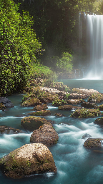 Nature's stream, Forest waterfall, Samsung Galaxy , Tranquil scenery HD phone wallpaper