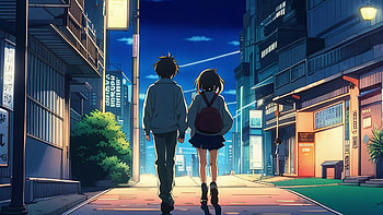 Boy and Girl walking on street, alone, street, aesthetic, friend, Anime, couple, night, aesthetic anime, anime couple, anime night HD wallpaper