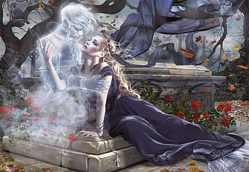 The ghost of her lover, halloween, spirit, fantasy, art, ghost, cris ortega, girl, bride HD wallpaper