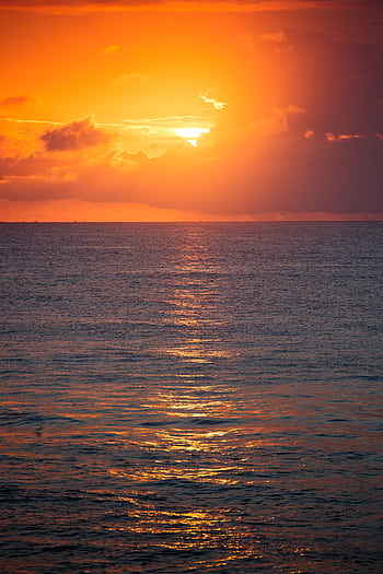Captivating sunset over the ocean with vivid orange hues reflecting on calm water. HD phone wallpaper