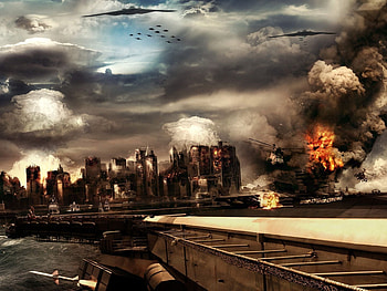 3D_Fantasy_Places, blue, destroy, beach, 3d, fantasy, abstract, plane, building, sky, water, fire HD wallpaper
