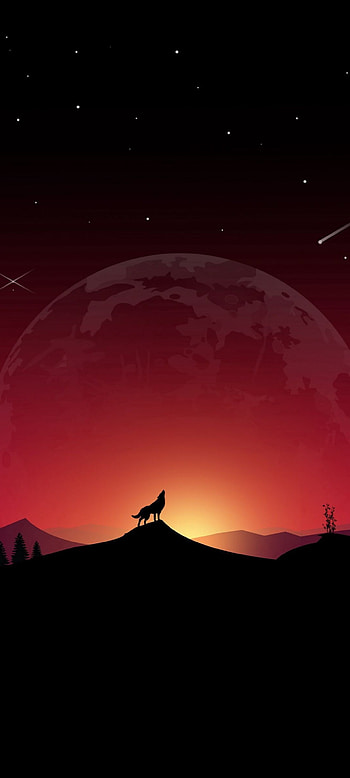 Red sky and wolf, Dramatic atmosphere, Twilight silhouette, Mystical encounter HD phone wallpaper