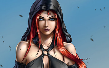Hooded Warrior Woman, black dress, black hood, fantasy, warrier, redhead, woman HD wallpaper
