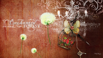Enchanted Forest, key, abstract, butterfly, firefox persona, dandelion, flowers, music notes HD wallpaper