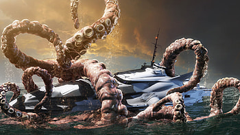 Kraken vs yacht, Fantasy battle scene, Epic sea creature, Oceanic power HD wallpaper