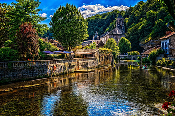 Village, river, nature, tree HD wallpaper