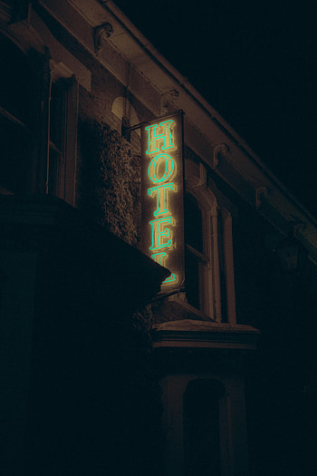 Building, Words, Dark, Neon, Illumination, Backlight, Inscription, Hotel HD phone wallpaper