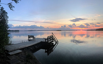 Sunset by Lake, pier, calm, lake, sunset HD wallpaper