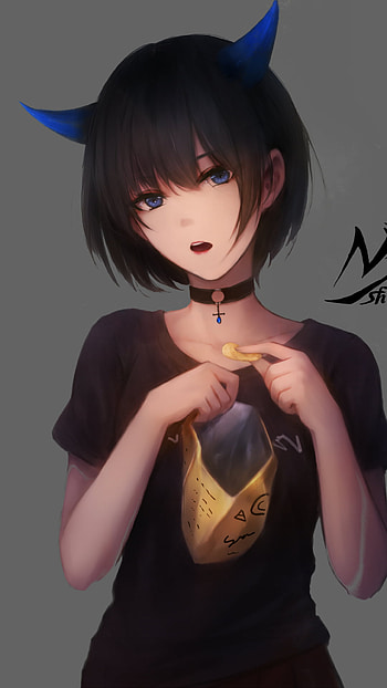 blue eyes, black hair, short hair, horns, Anime, Original HD phone wallpaper