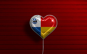 I Love Almere, , realistic balloons, red wooden background, Day of Almere, dutch cities, flag of Almere, Netherlands, balloon with flag, Almere flag, Almere HD wallpaper
