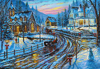 Holiday Chapel, snow, colors, clouds, trees, road, sky, houses, winter, artwork, painting HD wallpaper