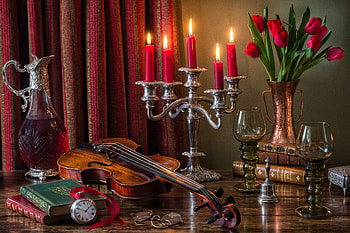 Still life, flowers, candles, watch, violin, books HD wallpaper