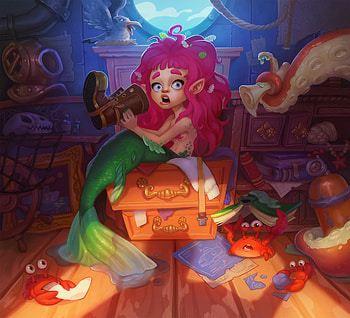 Mermaid, orange, anastasia frantsek, crab, art, girl, summer, pink, fantasy, luminos, vara, siren HD wallpaper