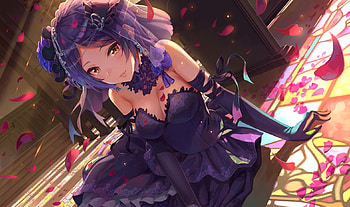 Hayami Kanade, terumii, art, idolmaster, girl, dress, purple, pink, anime, petals, manga HD wallpaper