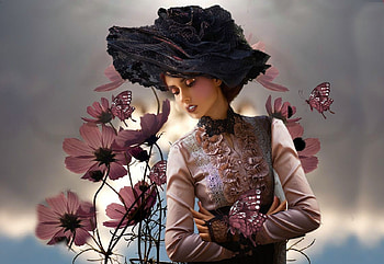 Vintage Classic Beauty, butterflies, classic, black, tan, girl, mauve, vintage, hat, beautiful HD wallpaper