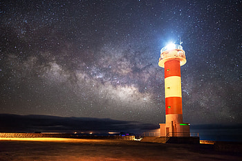 Nature, Night, Shore, Bank, Starry Sky, Milky Way, Lighthouse HD wallpaper