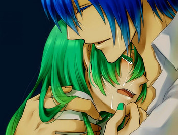 It's Going To Be All Right...., Short Hair, Tears, Crying, Hatsune Miku, Blue Hair, Green Hair, Cute, Girl, Sweet, Boy, Long Hair, Kaito HD wallpaper