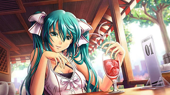 Hot Sunny Day, blouse, cute, vocaloid, dress, nice, miku, vocaloids, hatsune, twintails, female, sundress, sexy, table, sweet, straw, hatsune miku, ribbon, hot, girl, long hiar, cocktail, anime girl, anime, pretty, green hair, lovely, green eyes HD wallpaper
