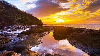 Gorgeous sunset at Costa Rica coast, sea, clouds, colors, sky, rocks HD wallpaper