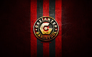 Gaziantep Basketbol, golden logo, Basketbol Super Ligi, red metal background, turkish basketball team, Gaziantep Basketbol logo, basketball HD wallpaper