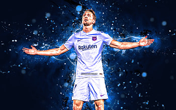 Luuk de Jong, goal, Barcelona FC, dutch footballers, LaLiga, Barca, FC Barcelona, football, Luuk de Jong , soccer, blue neon lights, Luuk de Jong Barcelona, La Liga, FCB HD wallpaper