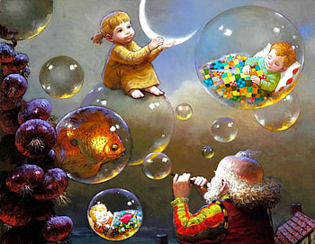 Grandmother's tales, children, art, cup, copil, painting, moon, fantasy, grandfather, pictura, victor nizovtsev, luna, fish, luminos, bubbles, dream HD wallpaper