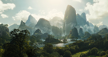 Mountains, waterfall, lake, forest, fantasy, art HD wallpaper