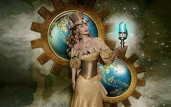 Streampunk Lady, gears, light, Globe, Steampunk, lovely, woman, beauty HD wallpaper