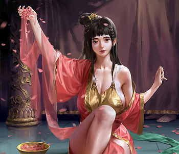 Concubine, fantasy, red, luminos, haixiang mu, girl, water, odalisque, golden, art HD wallpaper