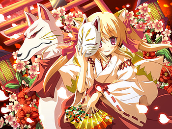 neko festivable, neko, mask, anime, cute, flowers, girl HD wallpaper
