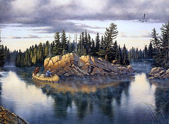 Derk Hansen * Northland Splendor, night, river, boat, derk hansen, northland splendor, stones, fur, fishermen, fog, painting, forest HD wallpaper