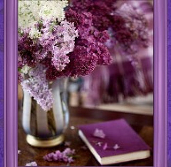 Lilac in frame, table, white, frame, floral, vase, decor, spring, purple, book, blossoms, flowers, wall, vintage, pot, lilac HD wallpaper