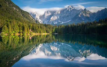 Lake Fusine, Italy, Alps, Italy, mountains, lake, spruces HD wallpaper