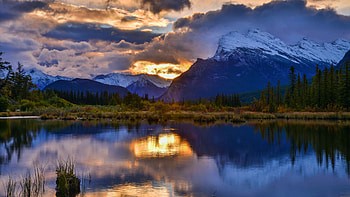 Vermillion Lake with Mount Rundle, Banff NP, Alberta, colors, clouds, landscape, sky, water, mountains, reflections, sunset, canada HD wallpaper