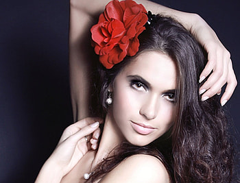 Red Flower, woman, red, brunette, flower HD wallpaper