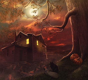 Cats, Art, Night, Moon, House HD wallpaper