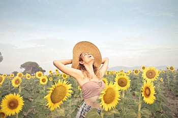 A woman in a sunflower field, embracing nature with joy under the summer sun. HD wallpaper
