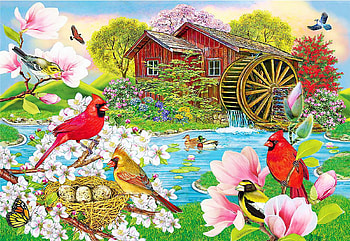 Spring At The Mill Pond, birds, digital, art, blossoms, flowers, watermill HD wallpaper