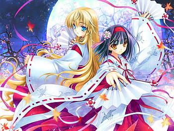 Hiori & Sunao Saginomiya, night, full moon, headband, kimono, blonde, saginomiya, stars, long hair, flower, short hair, bow, blue eyes, ribbon, hiori, leaves, anime, fans, branches, girls, sunao HD wallpaper