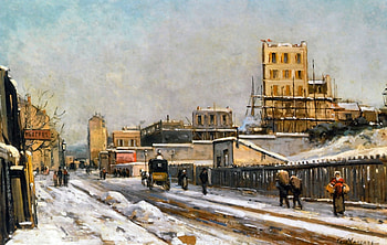 Outskirts of Paris in Winter, winter, architecture, art, France, beautiful, cityscape, artwork, scenery, wide screen, painting, snow, Paris HD wallpaper