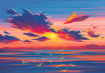 Landscape Morning Sea Water Painting, painting, ocean, birds, artist, artwork, digital-art HD wallpaper