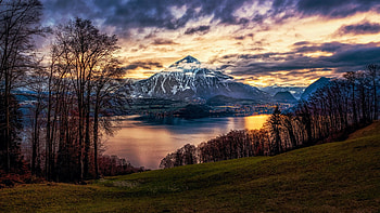 Lake Thun, Bernese Alps, Switzerland, autumn, trees, landscape, clouds, sky, mountains, sunrise HD wallpaper