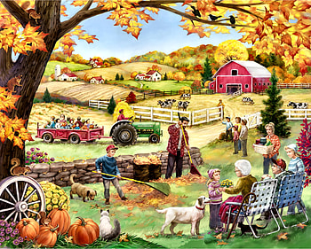 Countryside Autumn FC, Four Seasons, dogs, pumpkins, scenery, painting, tractor, art, Fall, landscape, beautiful, Autumn, people, artwork, wide screen, family, pets, canine HD wallpaper
