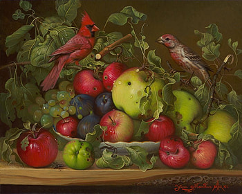 Big variety of small apples, art, bird, painting, yana movcha, green, red, fruit, apple, pasari, cardinal HD wallpaper
