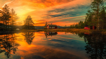 Ringerike at sunset, Norway, house, trees, clouds, landscape, sky, sun, water, reflections HD wallpaper